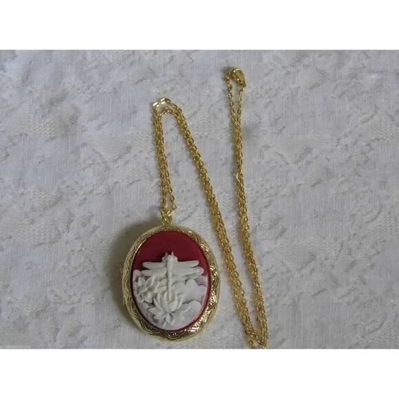RED Dragonfly Mom Locket Necklace Pill Picture Keepsake Box Gold Easter gift - Picture 2 of 4